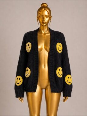 Luna Ivy Black Chunky Knit Cardigan Yellow Smiley Face Open Front Sweater